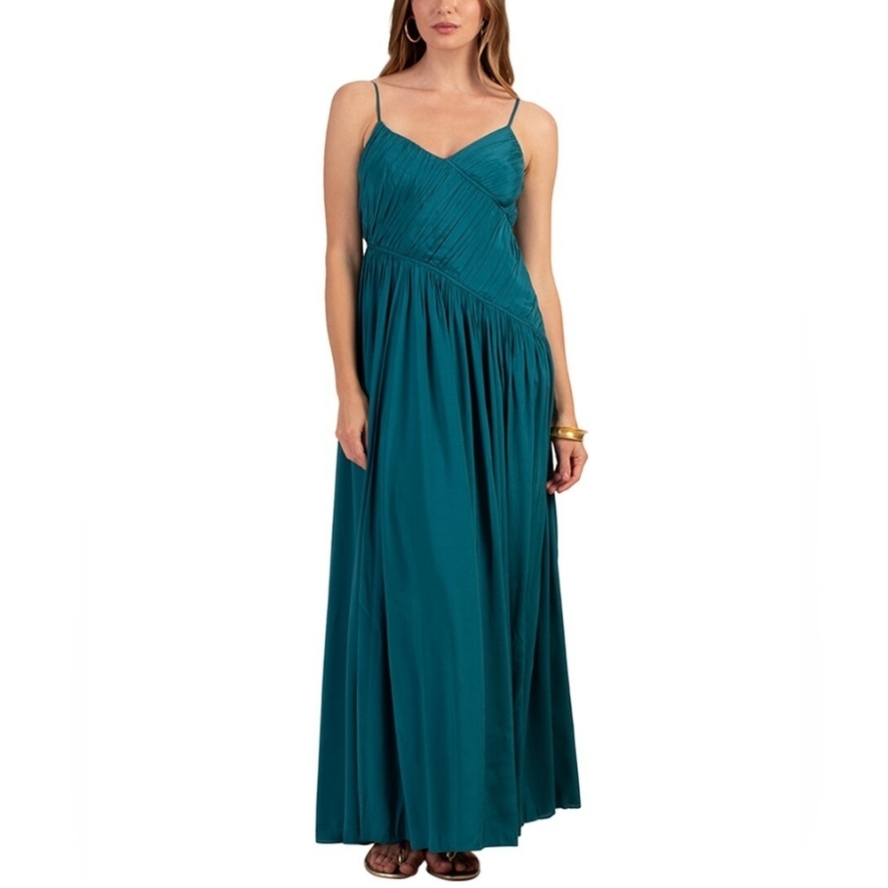 Trina Turk Teal Spaghetti-Strap Pleated Maxi Dress
